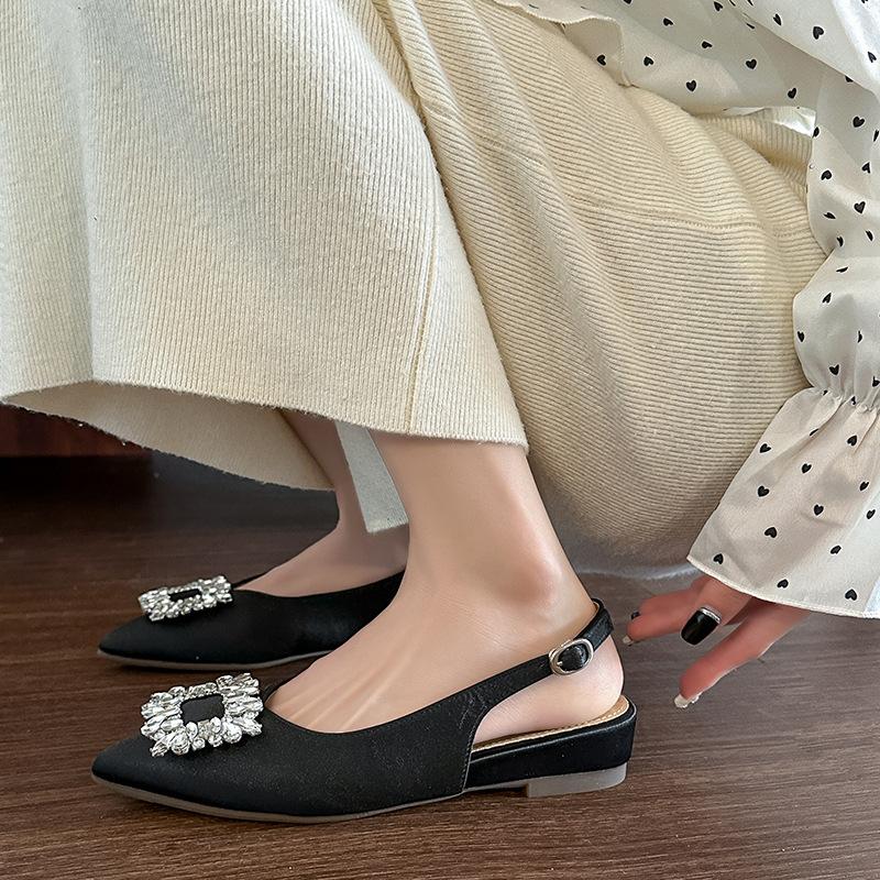 W5399-8 French pointed head shallow mouth rhinestone 2025 new one-pedal bag head sandals thick heel single shoes women's shoes