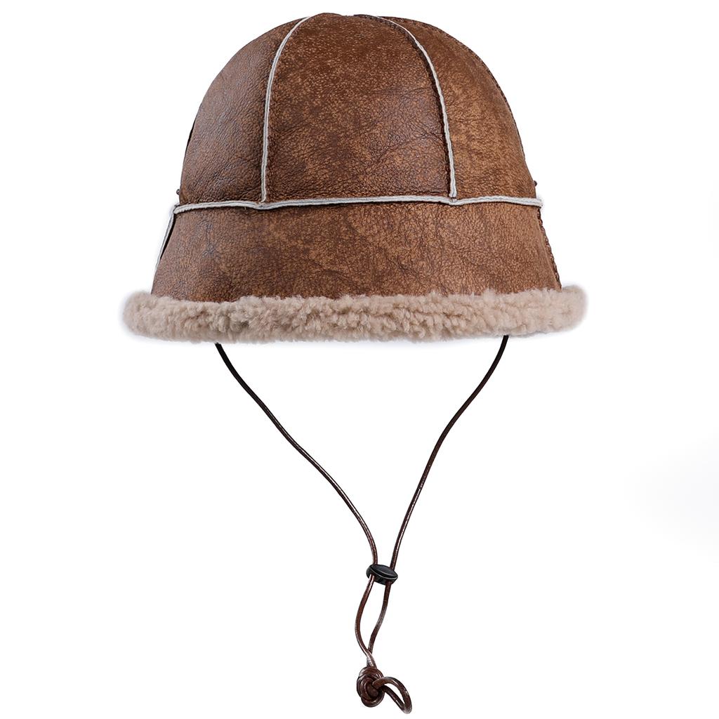 Unisex Genuine Sheepskin Leather Shearling Wool Bucket Hat Winter Fur Cap Hand Stitched For Cold Weather