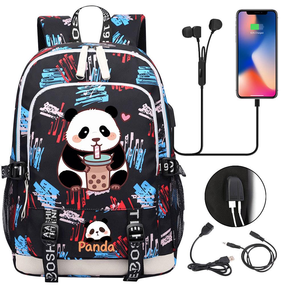 Kawaii Panda Print Tiener USB Laptop Rugzak Kinderen Jongens Meisjes Terug Naar School Boekentassen Vrouwen Mannen Reizen Rugzak