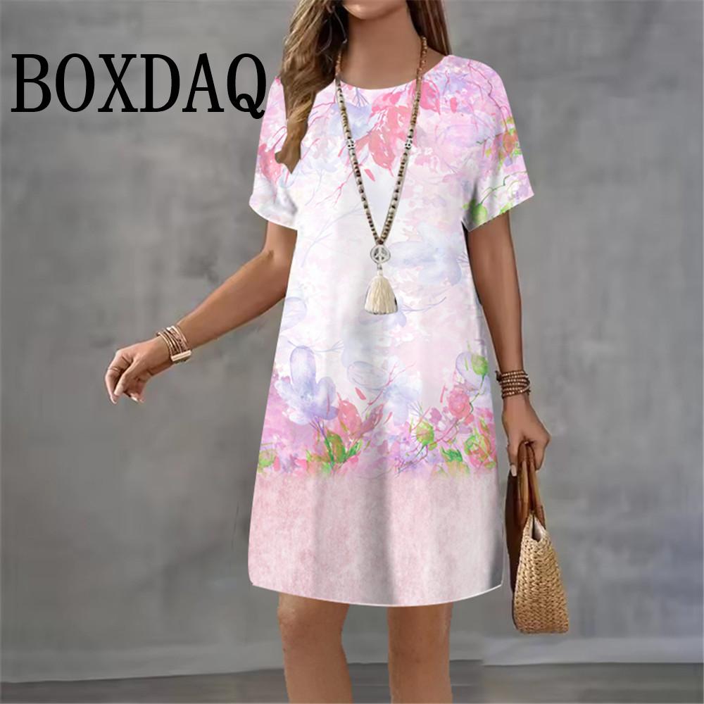 Beach Print Women Dresses Fashion 2026 New Short Sleeve Summer Elegant Loose Casual 3D Print Ladies Dress