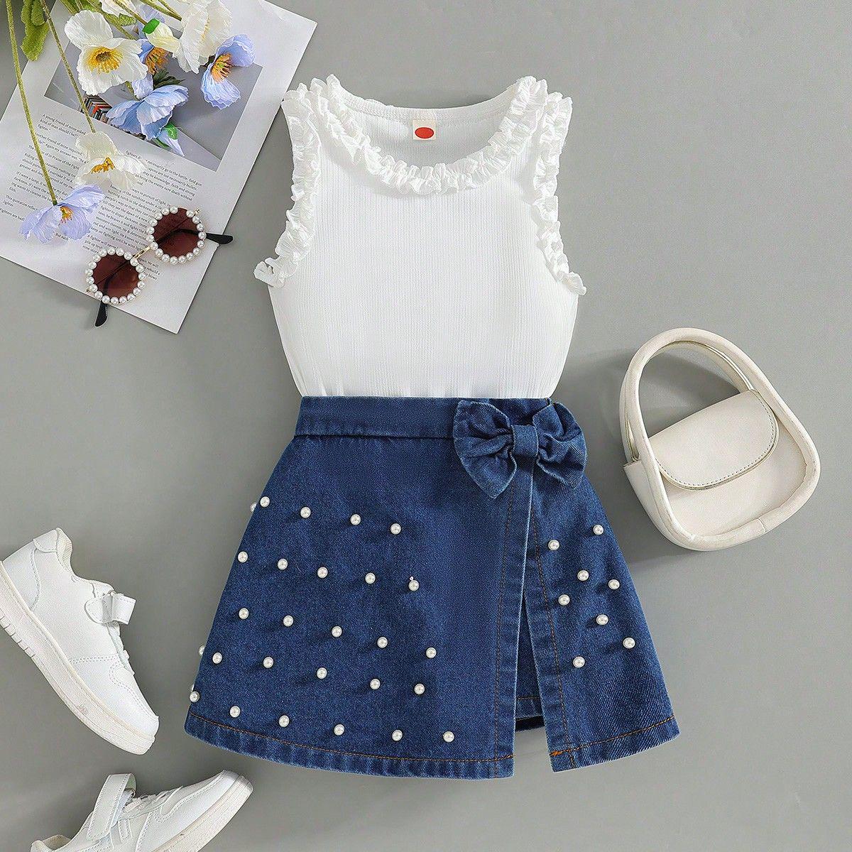 

Комплект для девочек: Цветочный топ + Джинсы с бантом и жемчугом, Европейский и Американский стиль, 2026 6 Years белый