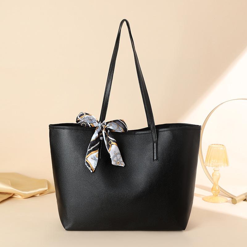 Litchi Grain Shoulder Tote: 2026 Fashionable Large-Capacity Solid Color with Scarf Decor for Women