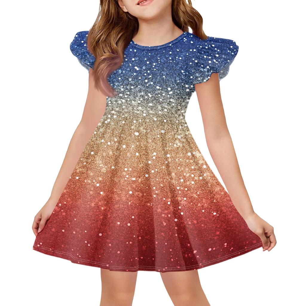 Girls Flutter Sleeve Dress Independence Day Themed Cupcake Print Spliced Skater Dress Toddler Kids Casual Party Dress