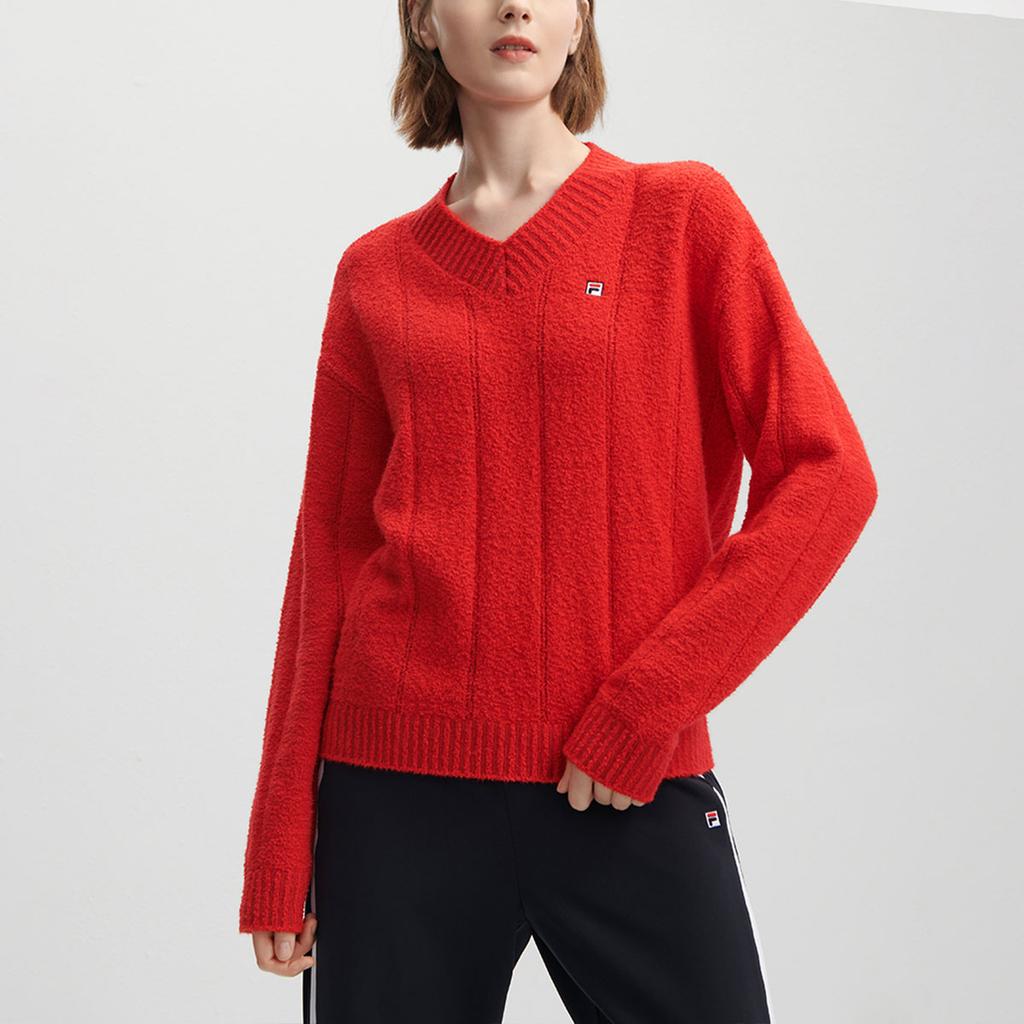 Fila Solid Color V-Neck Casual Pullover Sweater Women Sweater Legendary-Red F11W341408F-RD
