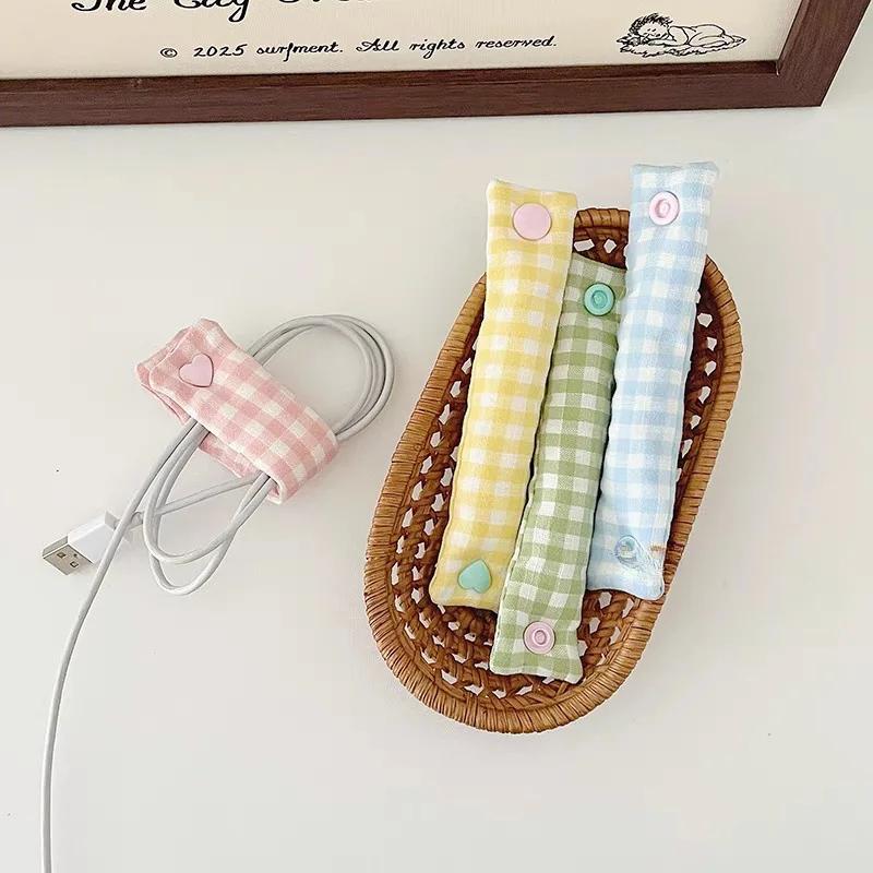 1PC Plaid Phone Cable Organizer INS Style Reusable Storage Binding Strap Cute Earphone Data Cables Holder For Home Office