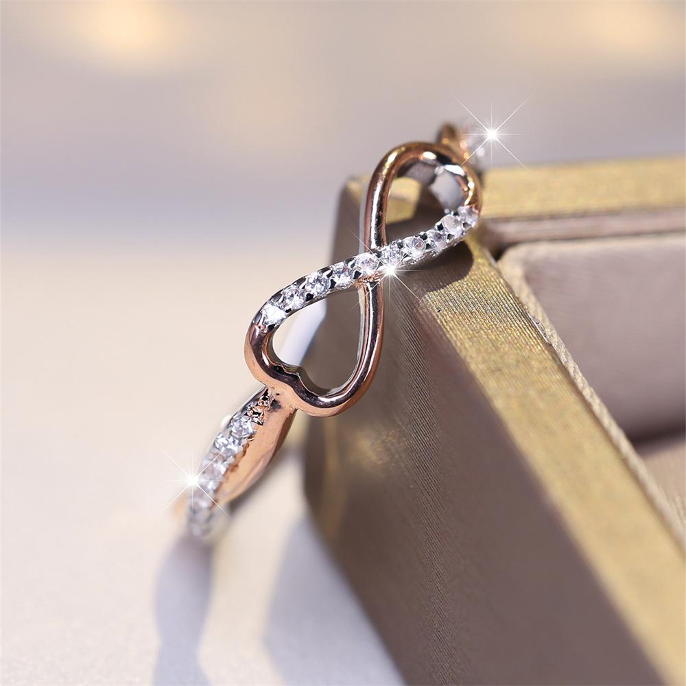 Simple Trendy 8 Shape Infinity Ring White Zircon Engagement Rings For Women Rose Gold  Color Wedding Band Two Tone Jewelry
