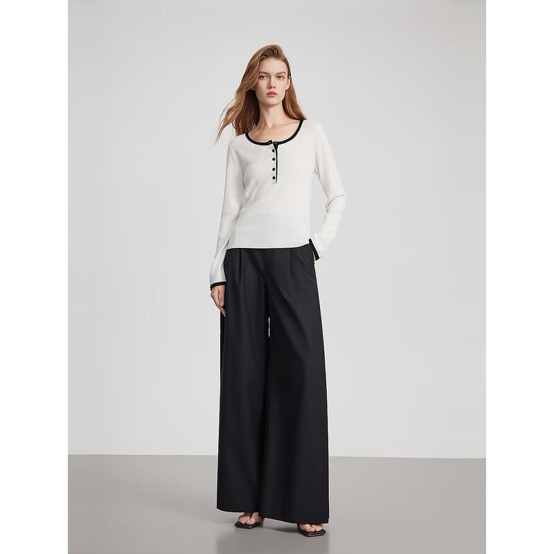 ELLE Women's Color Block Lambswool Henley Knit Sweater
