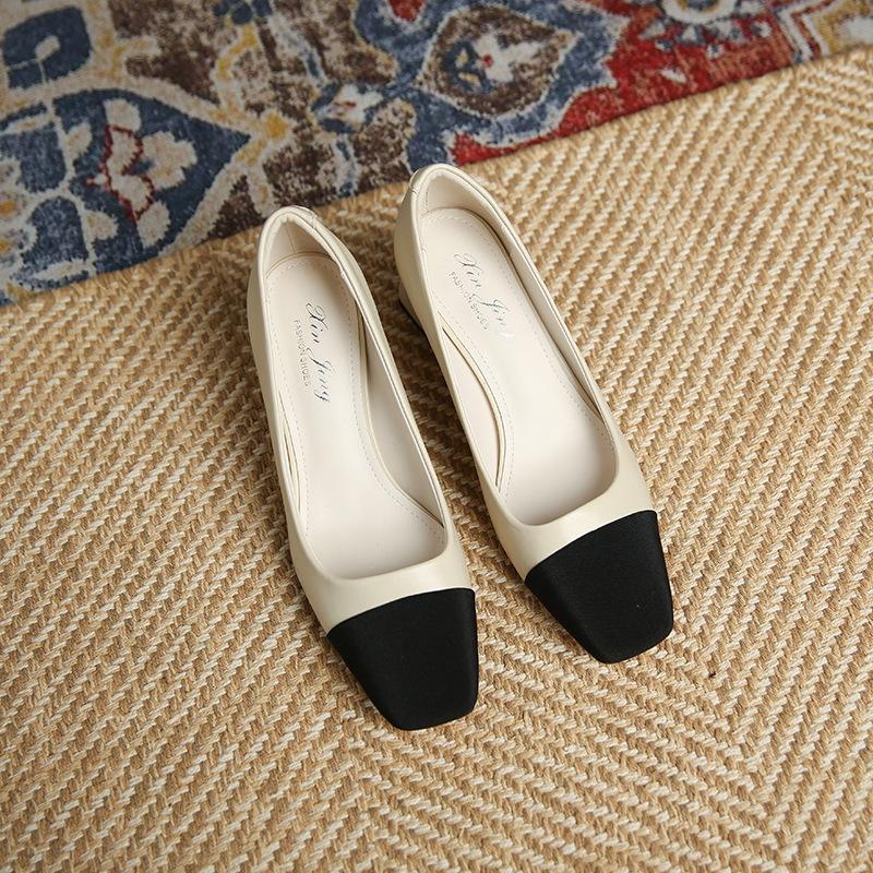 

3337-2 square head color matching middle heel shoes women s 2025 new French light mouth thick heel single shoes simple commuter women s shoes 40 абрикосовый