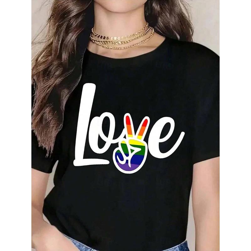Women's T-Sleeve Rainbow Letter Pattern Printing Retro Fashion Round Neck Short-Sleeved Women's Clothing