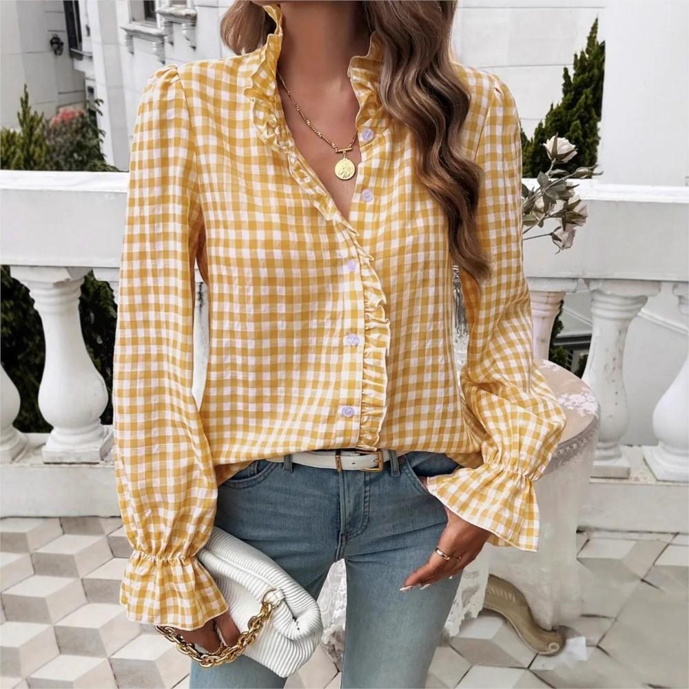 Fungus Edge Stand Collar Plaid Long-sleeved Shirt Women Spring Summer Casual Loose Single-breasted Female Versatile Shirt Tops