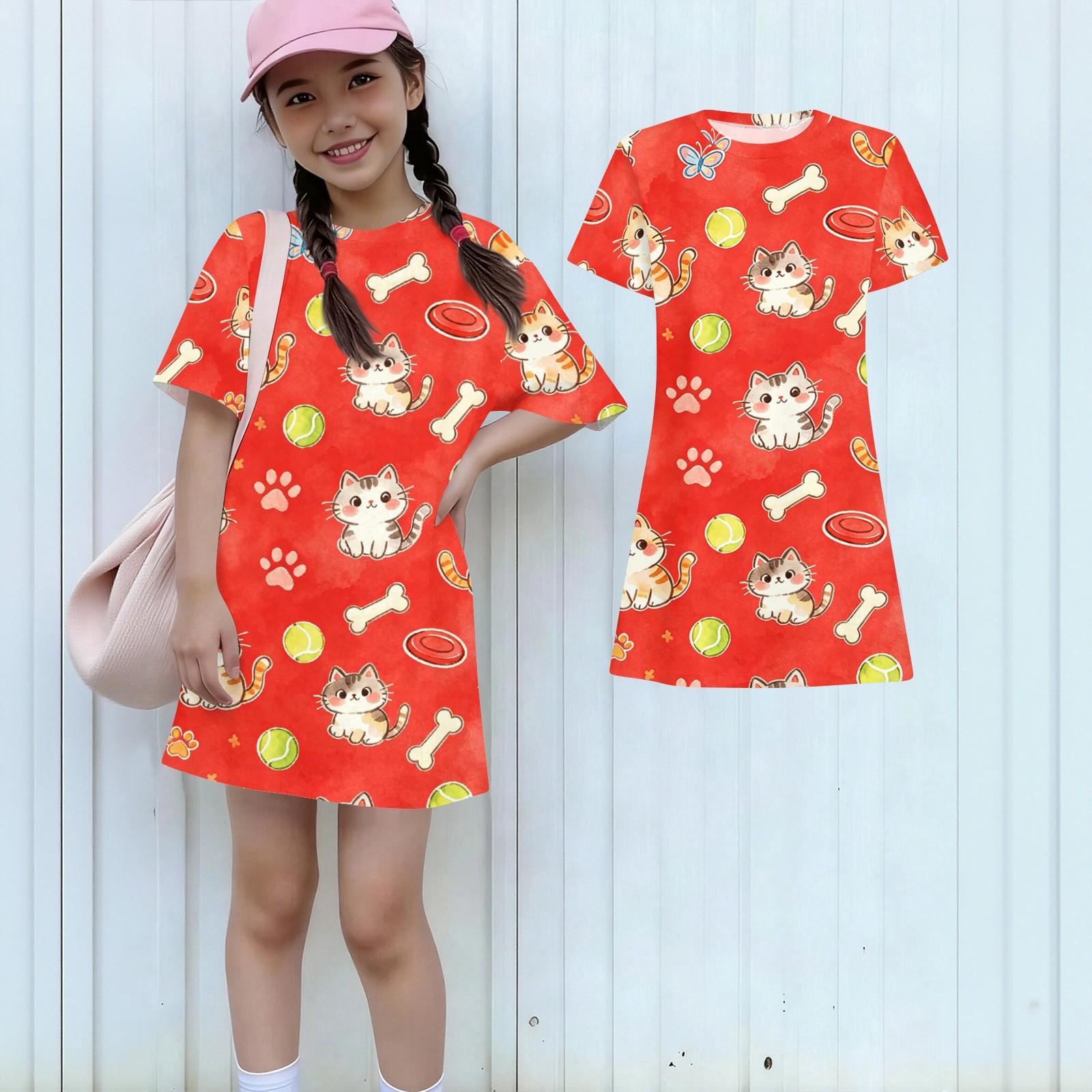 

Girls Loose Fit Short Sleeve Dress Animal Print Round Neck Lightweight Summer Casual Dress for Kids 160