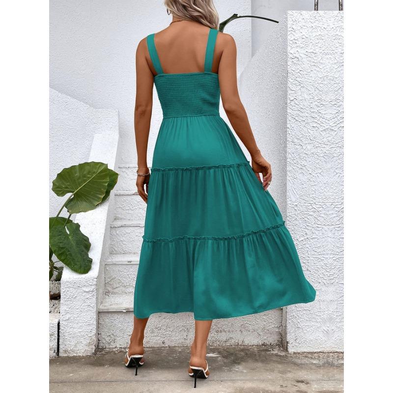 VEZFAA Kvinnemote Sommer Vår Ensfarget Print Ermeløse seler Høy midje Uformelle kjoler