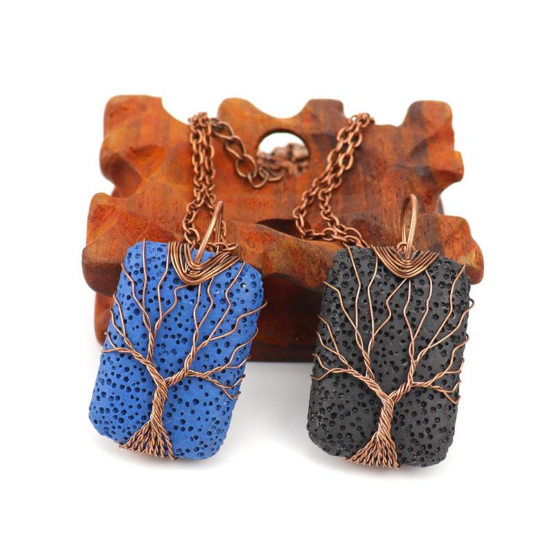 Hand-Wound Rectangular Volcanic Stone Tree Of Life Pendant Necklace, Couple Necklace N525