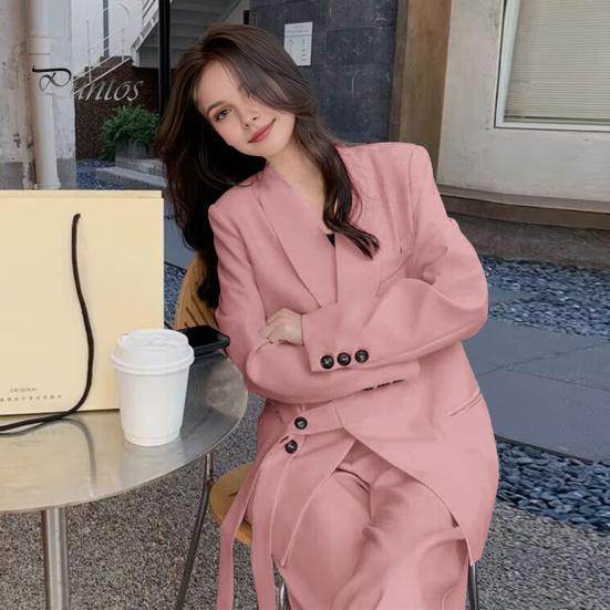 2 buc./set damă haină formală pantaloni set mâneci lungi închidere cu bretele cu nasturi Cardigan cu decolteu în V Jachetă de lungime mijlocie pantaloni drepti cu talie înaltă de afaceri formali