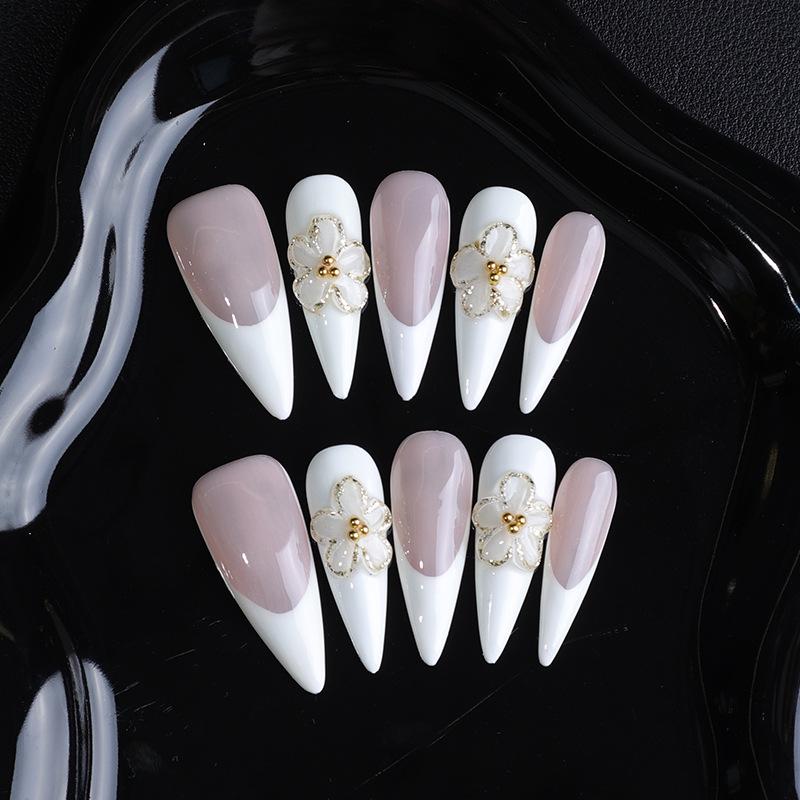 European & American Handmade Gradient Nude French Style 3D Carved Luxury Nails Large