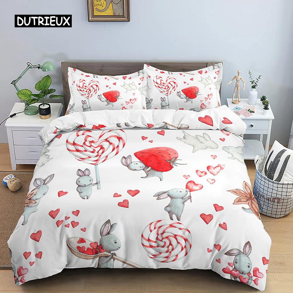 Cartoon Rabbit Bunny Bedding Set for Kids Girl Women Polyester Duvet Cover Quilt Cover with Pillowcase Polyester Comforter Cover