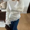Satin Lace Patchwork Long Shirt Waist-cinching Slim Belted Blouse Women's Lace-up Tops  Spring