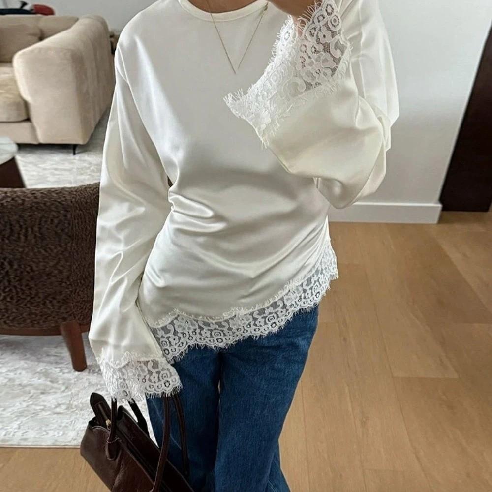 Satin Lace Patchwork Long Shirt Waist-cinching Slim Belted Blouse Women's Lace-up Tops Spring