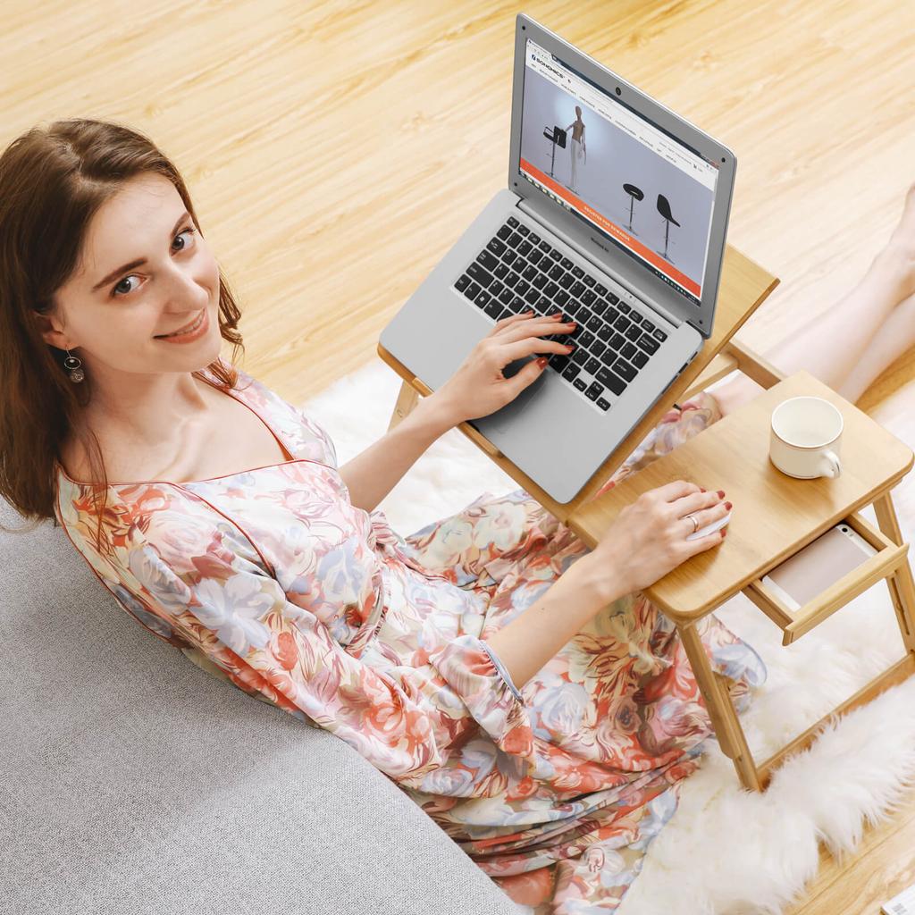 SONGMICS Bamboo Laptop Desk, Foldable Bed Table, Height Adjustable Sofa Tray, with 5 Tilting Angles, Air Holes, Small Drawer, 55 X 35 X (21 - 29) Cm