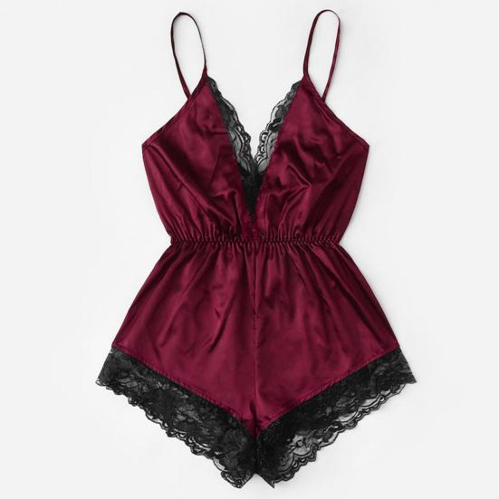 Women Sexy Pajamas V-neck Sling Sleeveless Bodysuit Faux Satin Lace Stitching Romper Sleepwear Wide Leg Backless Nightwear