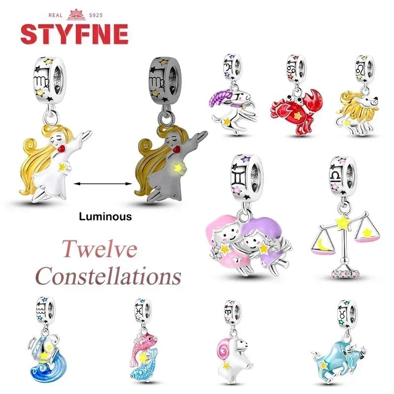 Cartoon Taurus Gemini Star Heart Twelve Zodiac Sign Set Original Copper Charms Beads Fit Bracelet Diy Birthday Women Gift