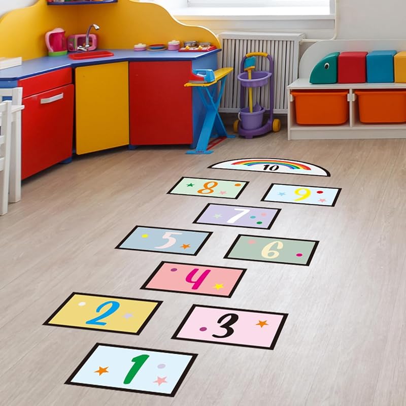 Number Lattice Floor Stickers, Creative Number Hopscotch Game Floor Decals, Removable Cartoon 1-10 Number Wall Decals for Classroom School ZSZ1443