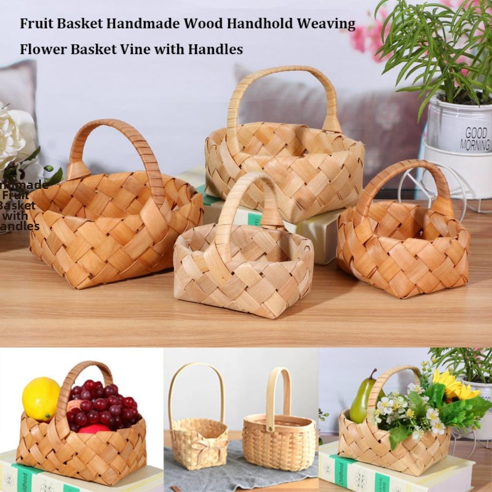 With Handle Wood Basket Handmade Handhold Weaving Flower Basket Vine  Living Room Decoration