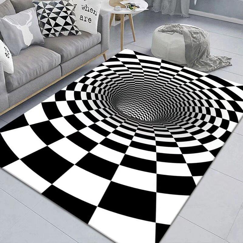 3D Vortex Illusion Black White Rug for Bedroom Floor Mat Abstract Geometric Optical Vertigo Carpet Non-slip Living Room Decor