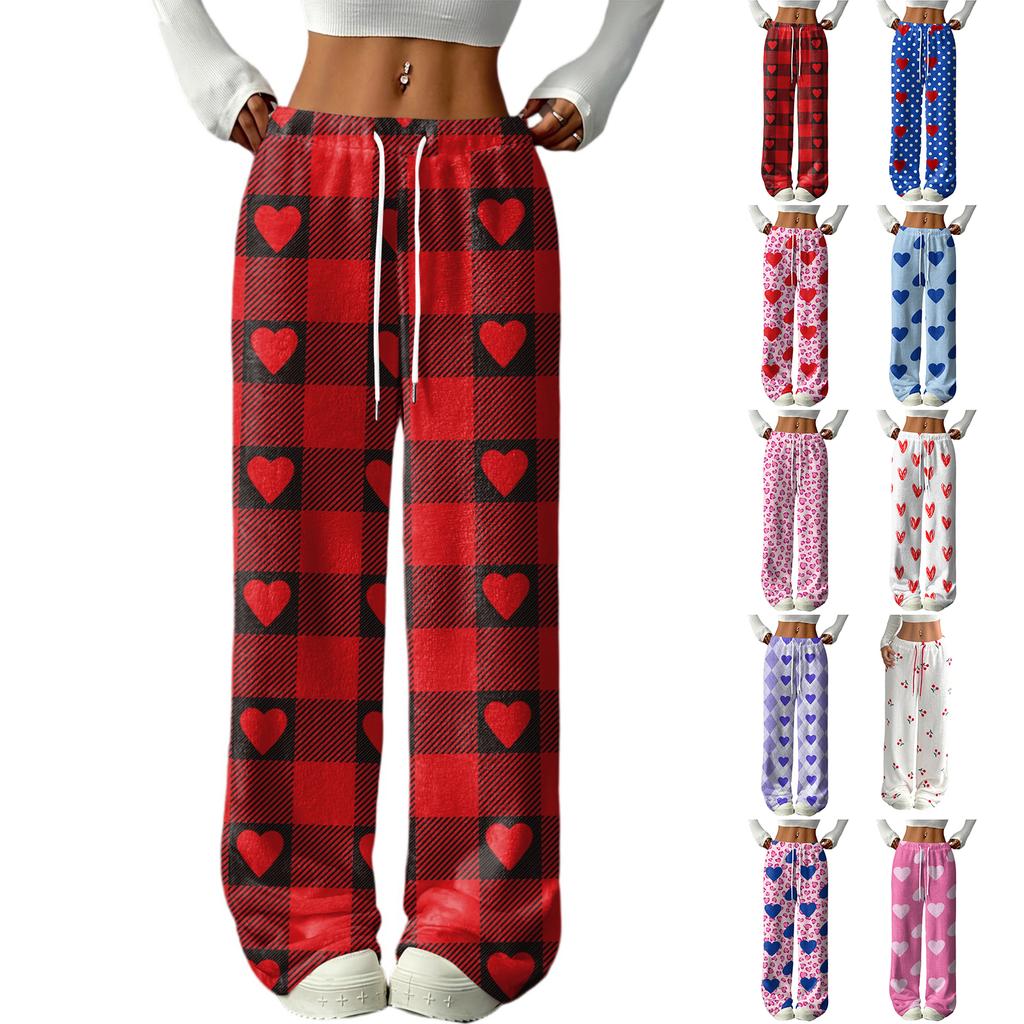 Women's Casual Fashion Printed Elastic Waist Loose Straight Leg Pants With Rope