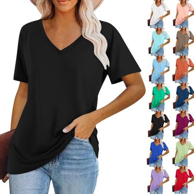 Women's Fashion V-Neck Classic Loose Color Casual Short Sleeve T-Shirt