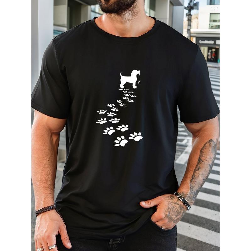 European Sizes Men's Short-Sleeve Casual T-Shirt with Paw Print & Puppy Dog Footprints - Summer Round Neck Solid Color Tee for Dog Lovers