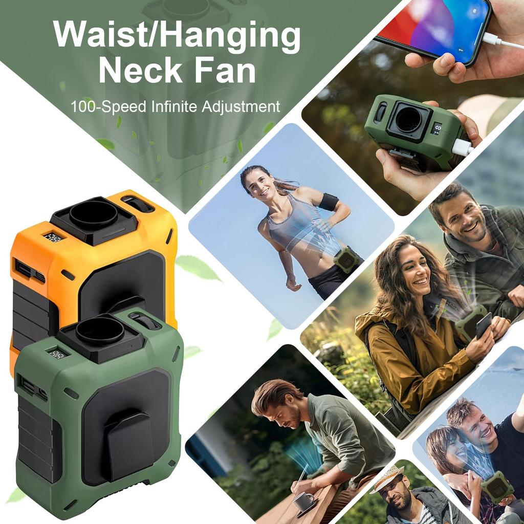High Speed Wearable Waist Fan- Portable Fan With, Rechargeable Battery, And Phone Charging Function For Outdoor Activities