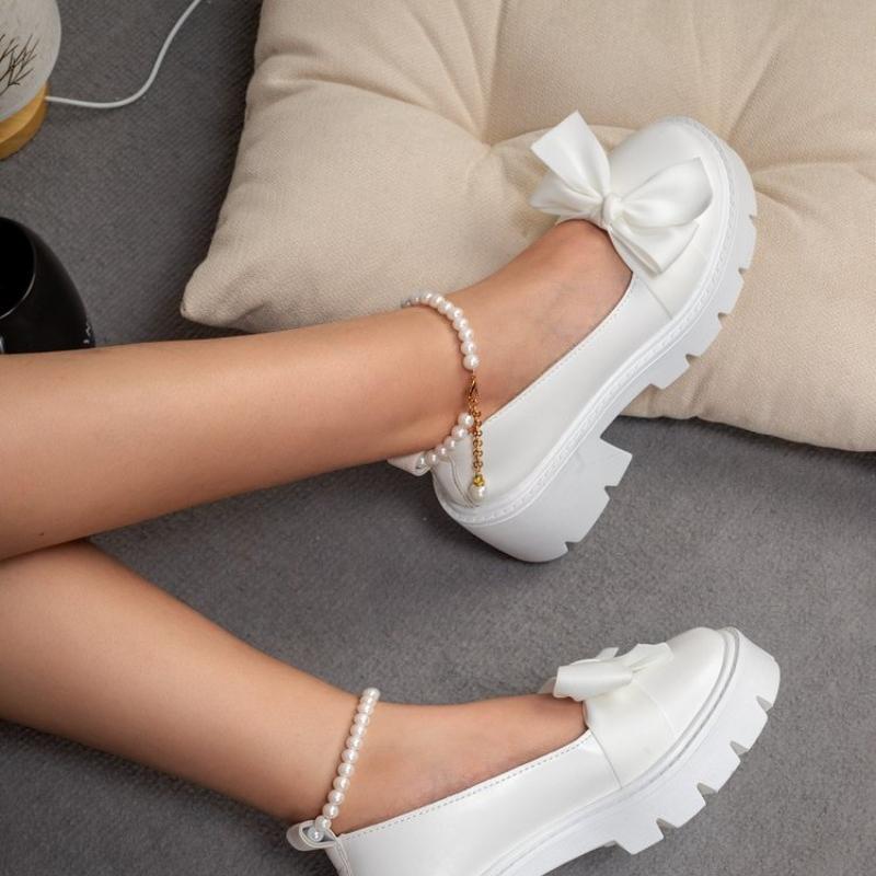 French Mary's Women's Shoes 2025 Spring Summer New Pearl Bow Shoes British Style Wedges Women's Small Leather Shoes