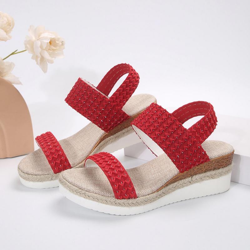 

Large size one-word with wedge heel sandals women s buckle thick-soled woven lightweight beach cool slippers 43 красный