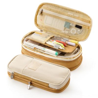 Stationery Bag Large Capacity Students Macaron Color Matching Canvas Pencil Bag Stationery Box Light Khaki Beige