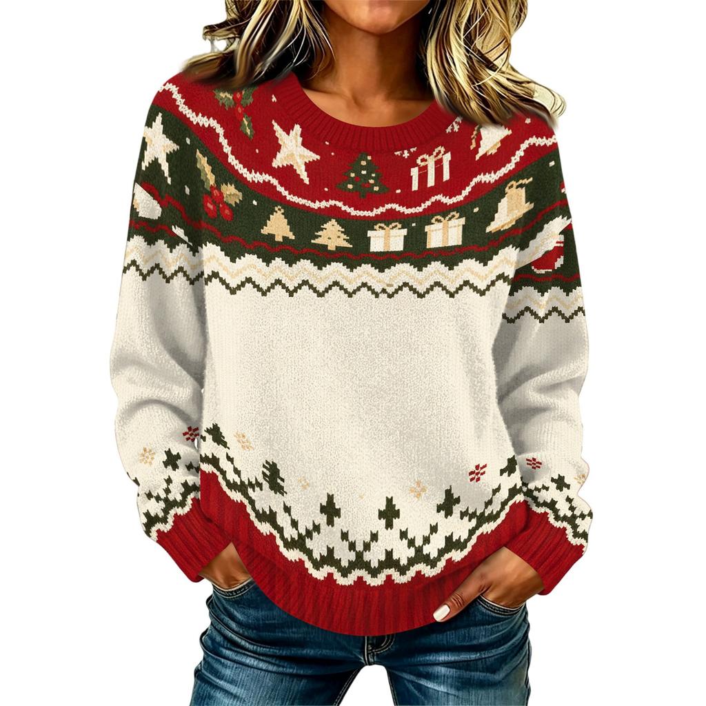 Women's Casual Long Sleeve Christmas Print Neck Knit Sweater