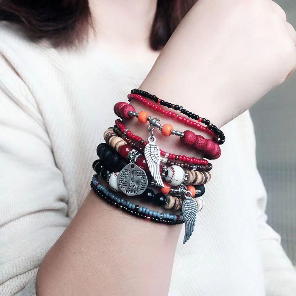 Bohemski Retro Etniczny Wielowarstwowy Ręcznie Robiony Bransoletka z Koralików Ryżowych dla Kobiet