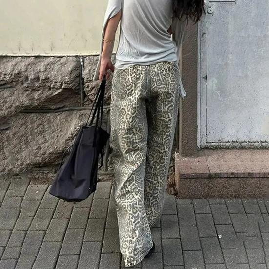 Unisex Jeans Leopard Print High Street Retro Wide Leg Loose Hip Hop