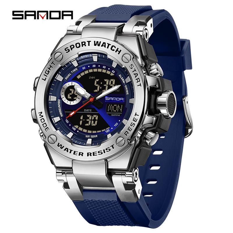 Sanda Men s Steel Band Multifunctional Dual Display Waterproof Luminous Outdoor Sports Watch