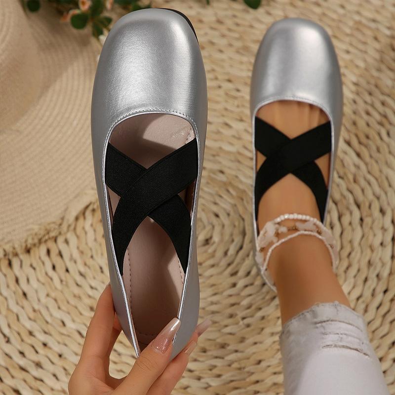 Women's Ballet Flats Cross Elastic Bands Casual Loafers Women Thin Leather Slip-on Scoop Shoes Soft Soles Comfortable Work Shoes