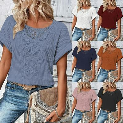 Frühlings- und Sommer-Spitzenstickerei Kurzarm-T-Shirt Damenbekleidung