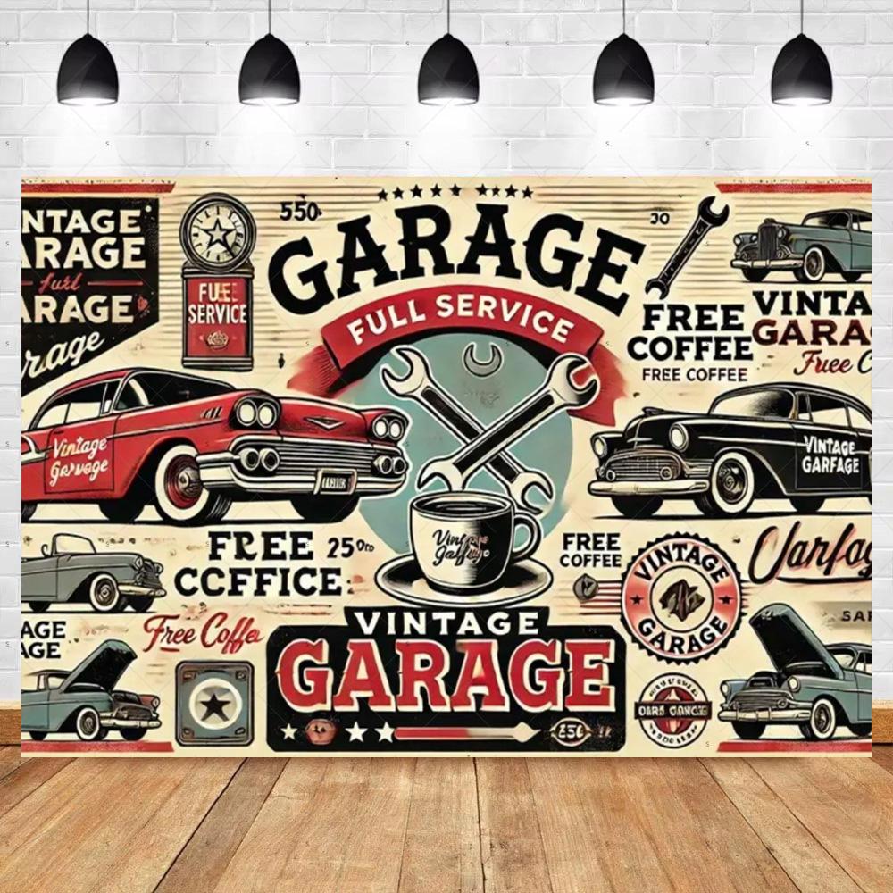 Bannière de Fond de Voiture Chaude Vintage Décoration de Fête Toile de Fond de Garage Classique Fournitures Style Industriel Pneu Outil Accessoire de Photographie
