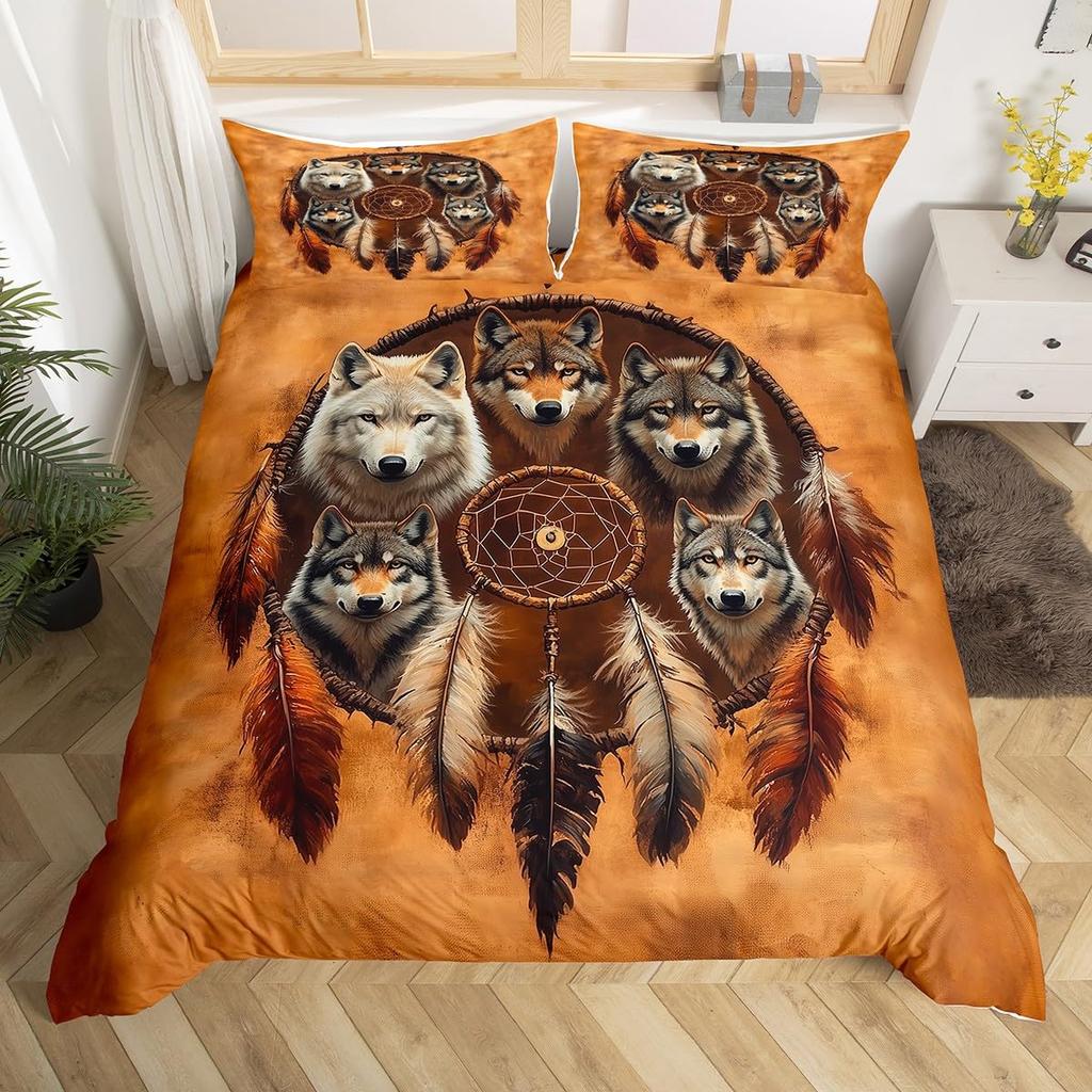 Kids Wolf Comforter Cover Full Queen Size Botanical Floral Bedding Set Wild Animal Duvet Cover Plant Flower Bedspread Cover