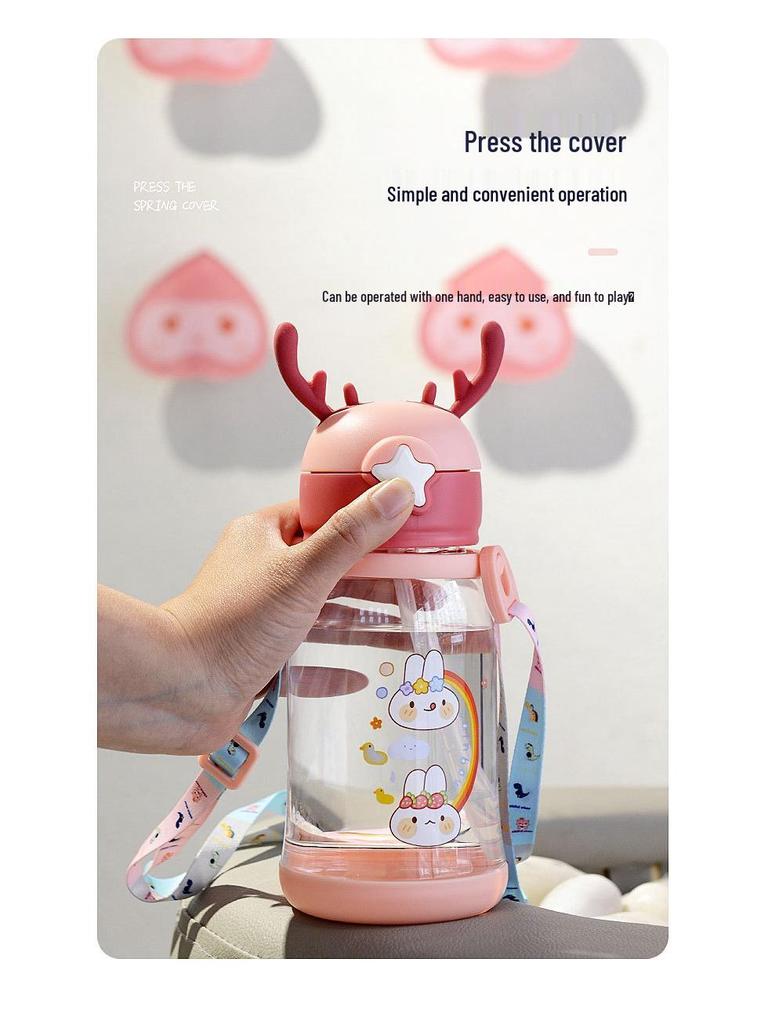 Children's Cartoon Antler Straw Cup - Portable Summer Outdoor Plastic Water Cup with Strap