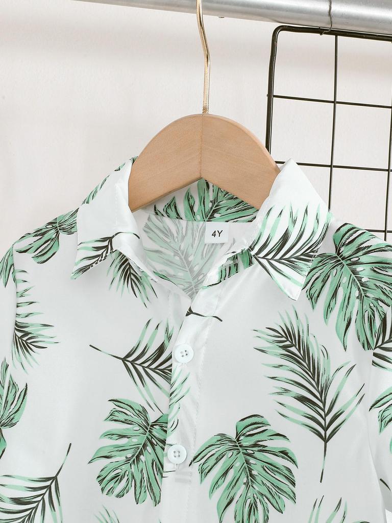 Boys' Tropical Leaf Print Shirt & Shorts 2Pcs Outfit