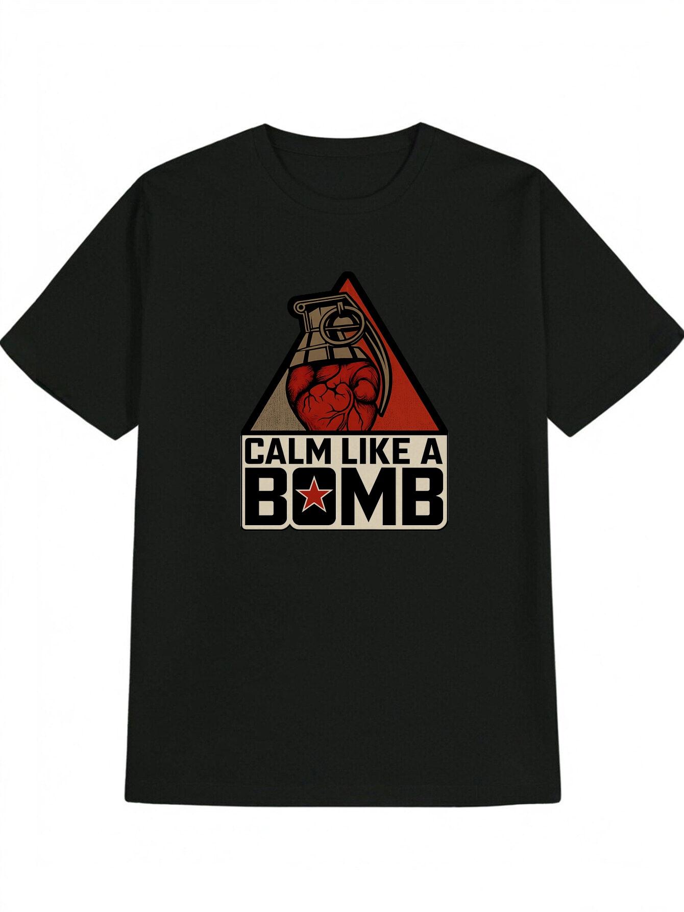 

Casual Crew Neck T-shirt with Calm Like a Bomb Graphic - Red Bombs & Heart Design L