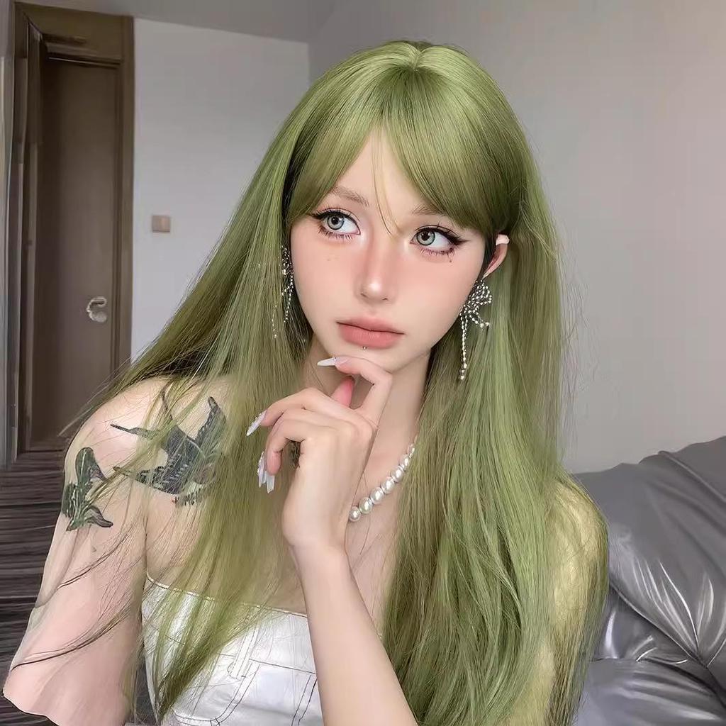 Green Long Straight Wig with Bangs - High-Temperature Fiber, European & American Style