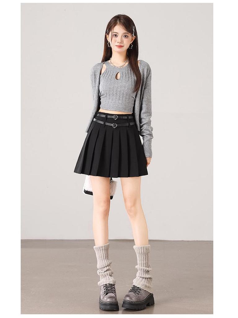 2025 Versatile College Style High Waist Pleated Skirt with Double Belt - Slimming & Anti-Exposure