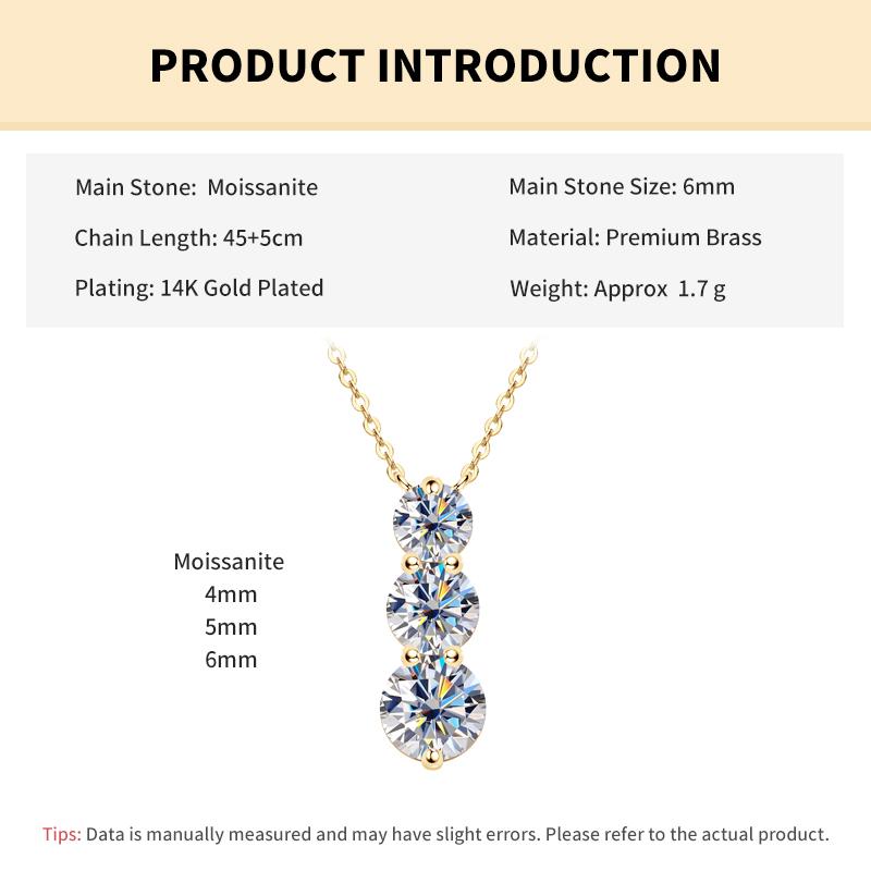 

Rrjzz Brilliant D-Color Round 4mm&5mm&6mm Full Moissanite Diamond Three Stone Pendant Necklace for Women Birthday Jewelry Gifts 45-50cm