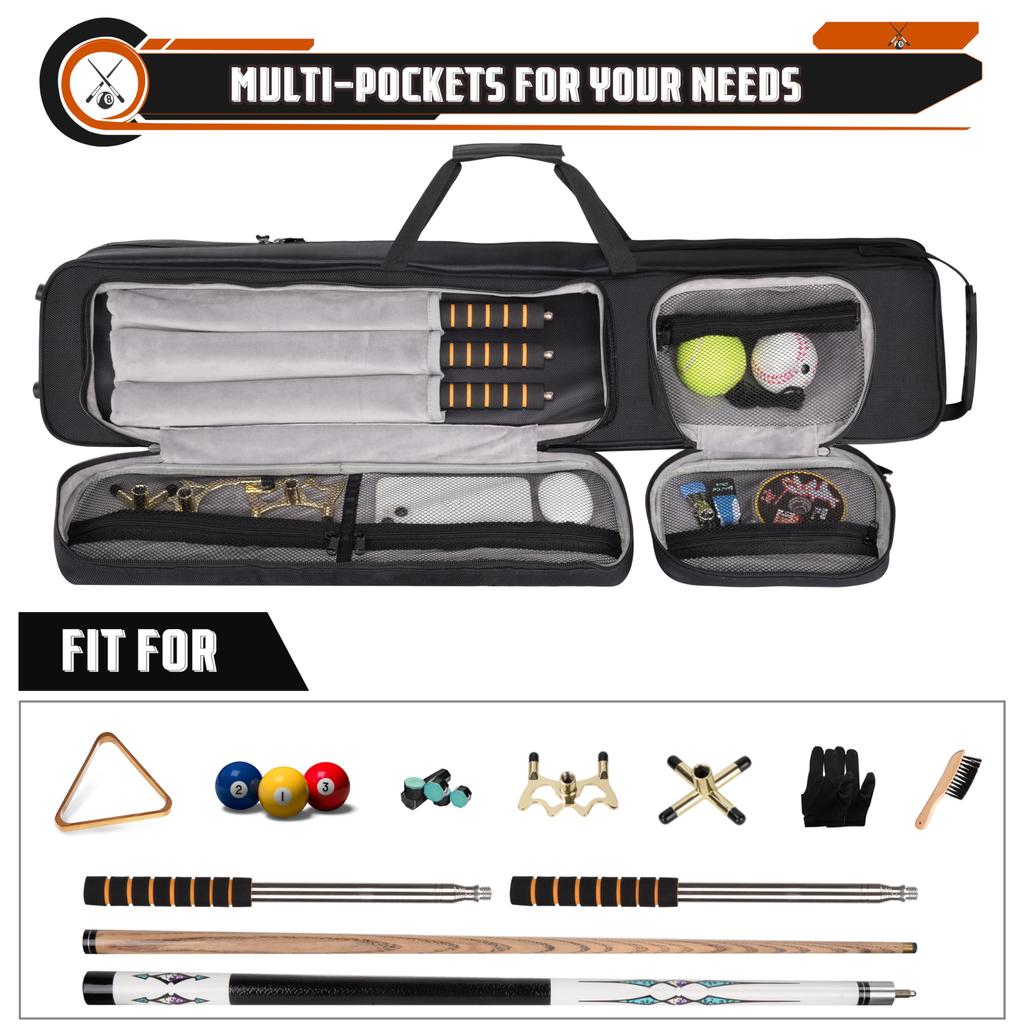 Hikeen Hard Pool Cue Case, 4x4 Capacity, Soft Velvet Lining, Adjustable Shoulder Strap, Compatible with Billiard Accessories